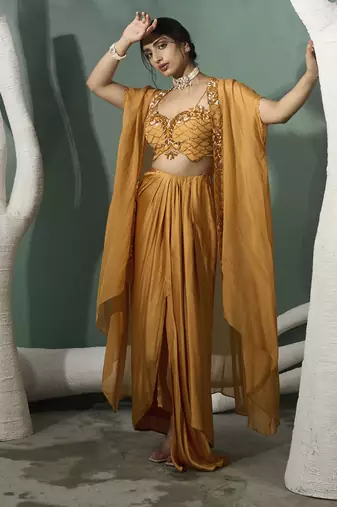 Marigold yellow cutwork cape set
