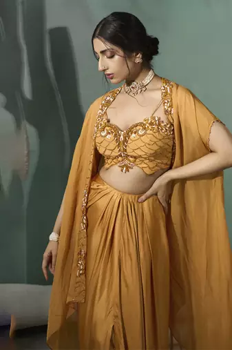 Marigold yellow cutwork cape set