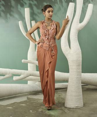 Peach hand embroidered jacket set 1