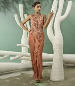 Peach hand embroidered jacket set