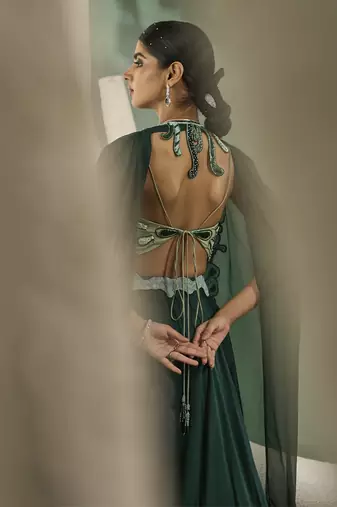 Mint & Dark Green Aaplique Lehenga With Cut-Out Jacket