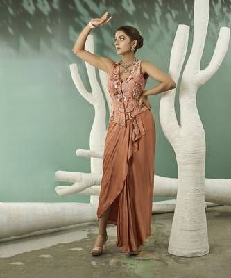 Peach hand embroidered jacket set 2