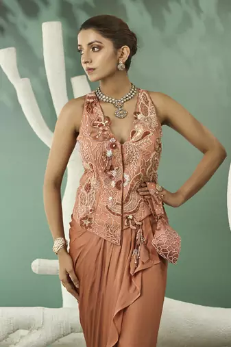 Peach hand embroidered jacket set