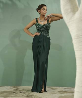 Emarald green cutwork top and drape skirt set 1