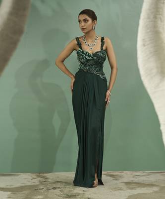 Emarald green cutwork top and drape skirt set 2