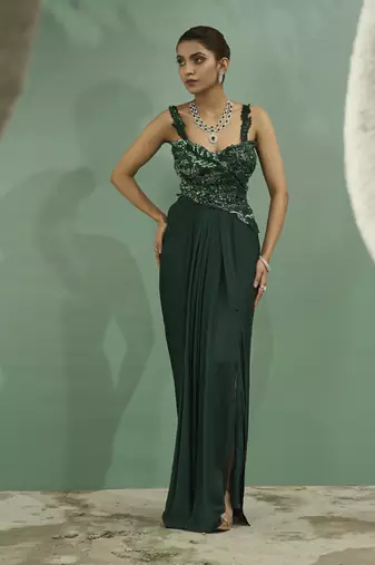 Emarald green cutwork top and drape skirt set