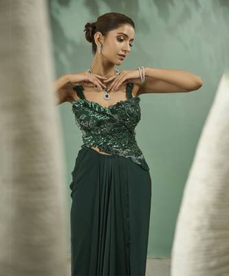 Emarald green cutwork top and drape skirt set 3