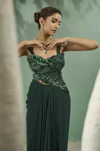 Emarald green cutwork top and drape skirt set