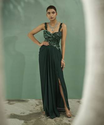 Emarald green cutwork top and drape skirt set 4