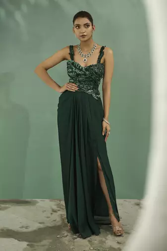 Emarald green cutwork top and drape skirt set