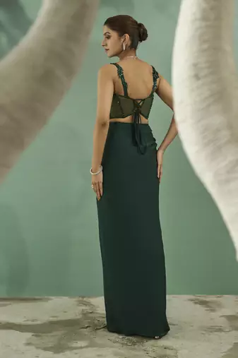 Emarald green cutwork top and drape skirt set