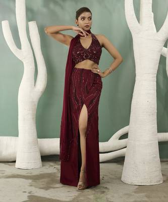 Burgundy halter top and skirt set 1