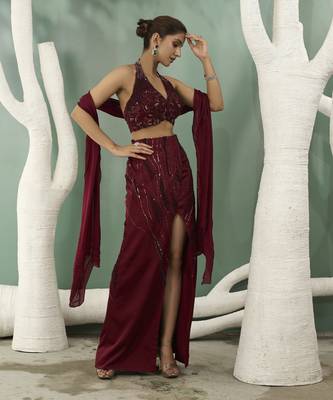 Burgundy halter top and skirt set 2