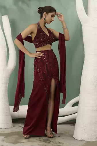 Burgundy halter top and skirt set