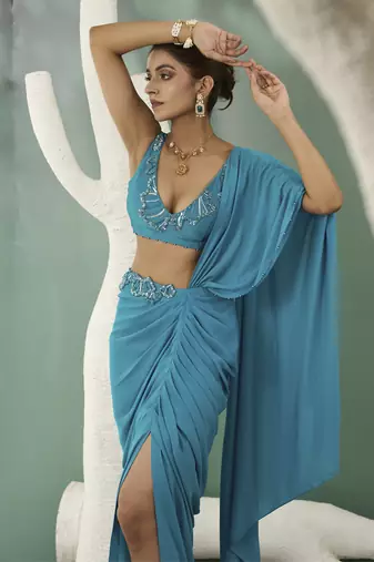 Firozi blue drape saree set