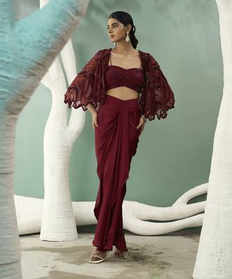 Burgundy drape skirt & shrug set 1