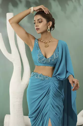 Firozi blue drape saree set