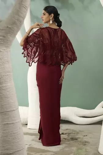 Burgundy drape skirt & shrug set