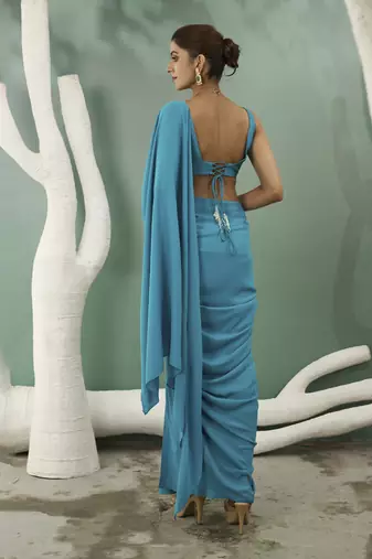 Firozi blue drape saree set