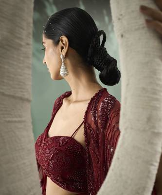 Burgundy drape skirt & shrug set 3