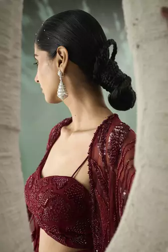 Burgundy drape skirt & shrug set