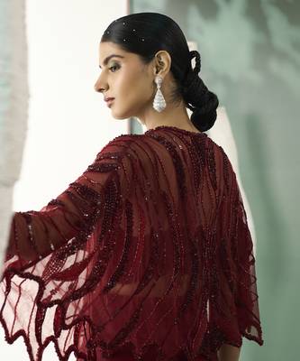 Burgundy drape skirt & shrug set 4