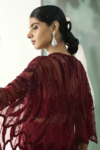 Burgundy drape skirt & shrug set