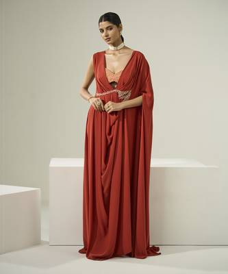 Rust orange drape kaftan with bustier set 1