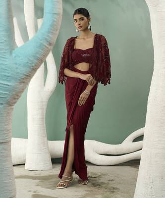 Burgundy drape skirt & shrug set 5