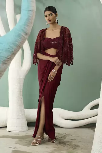 Burgundy drape skirt & shrug set