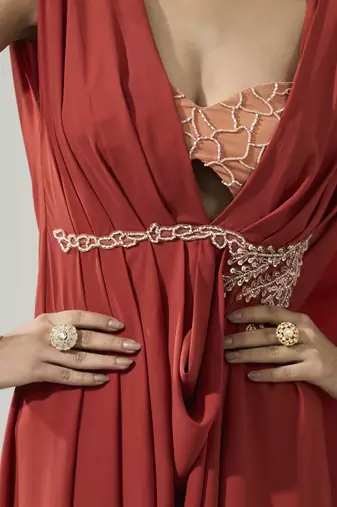Rust orange drape kaftan with bustier set