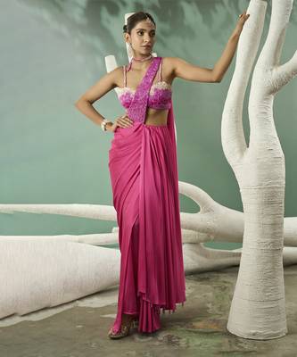 Fuschia pink ombre drape saree set 1