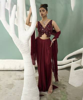 Burgundy drape skirt and cutwork top 1