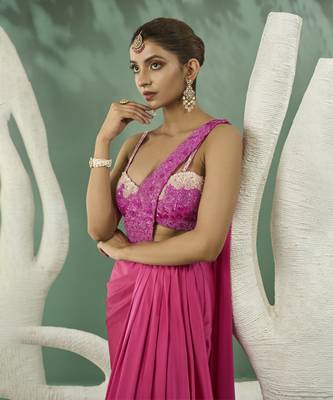 Fuschia pink ombre drape saree set 2