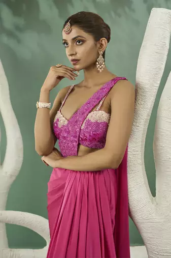 Fuschia pink ombre drape saree set