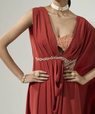 Rust orange drape kaftan with bustier set 4