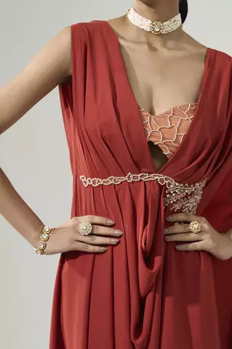 Rust orange drape kaftan with bustier set