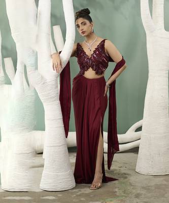 Burgundy drape skirt and cutwork top 3
