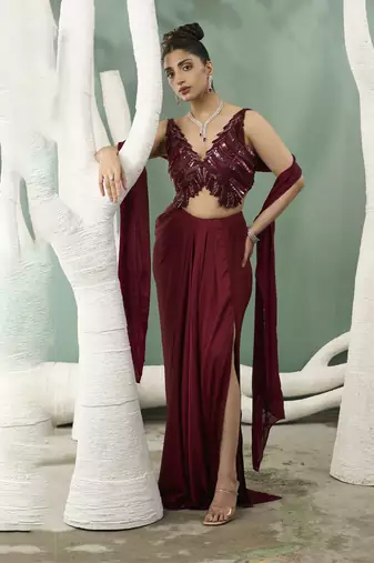 Burgundy drape skirt and cutwork top