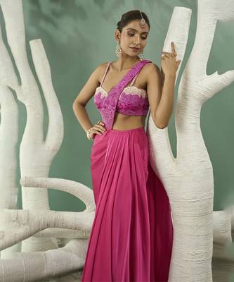 Fuschia pink ombre drape saree set 3