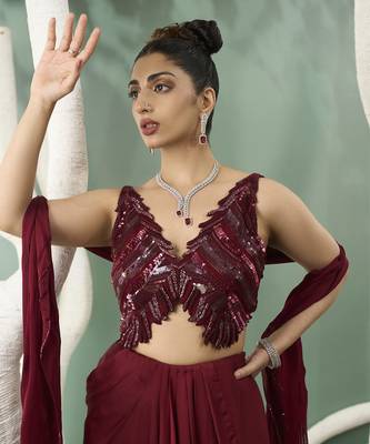 Burgundy drape skirt and cutwork top 4