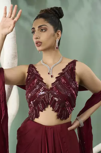 Burgundy drape skirt and cutwork top