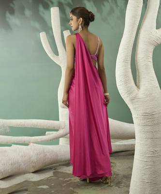 Fuschia pink ombre drape saree set 5