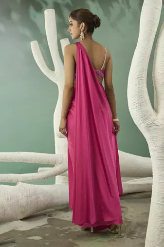 Fuschia pink ombre drape saree set