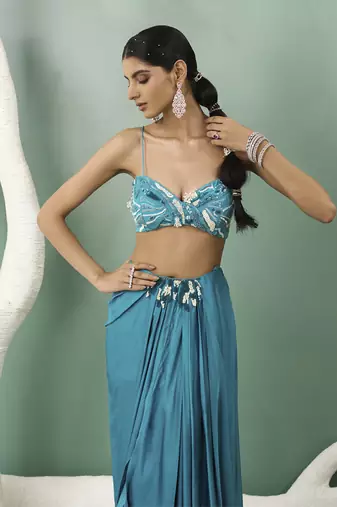 Firozi blue cape skirt set