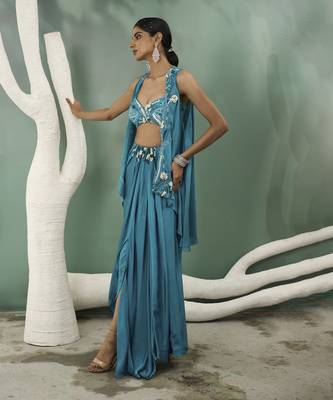 Firozi blue cape skirt set 4