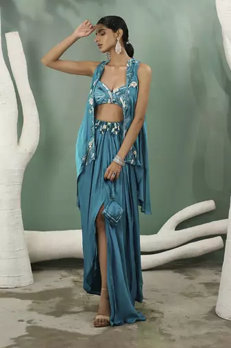 Firozi blue cape skirt set