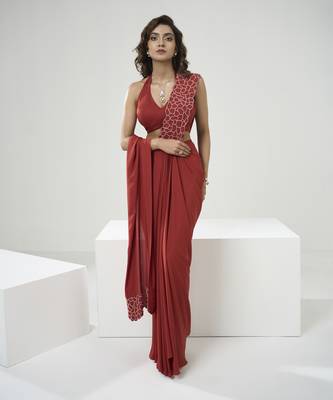 Rust orange drape saree set 1