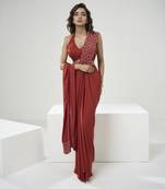 Rust orange drape saree set