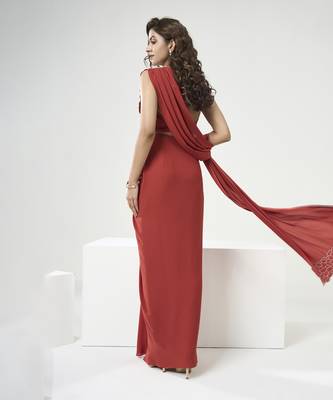 Rust orange drape saree set 2